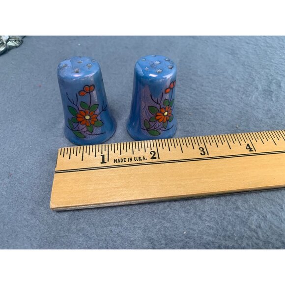 Vintage Japanese Iridescent Blue Salt & Pepper Shakers Floral Design 1950s - Picture 7 of 9